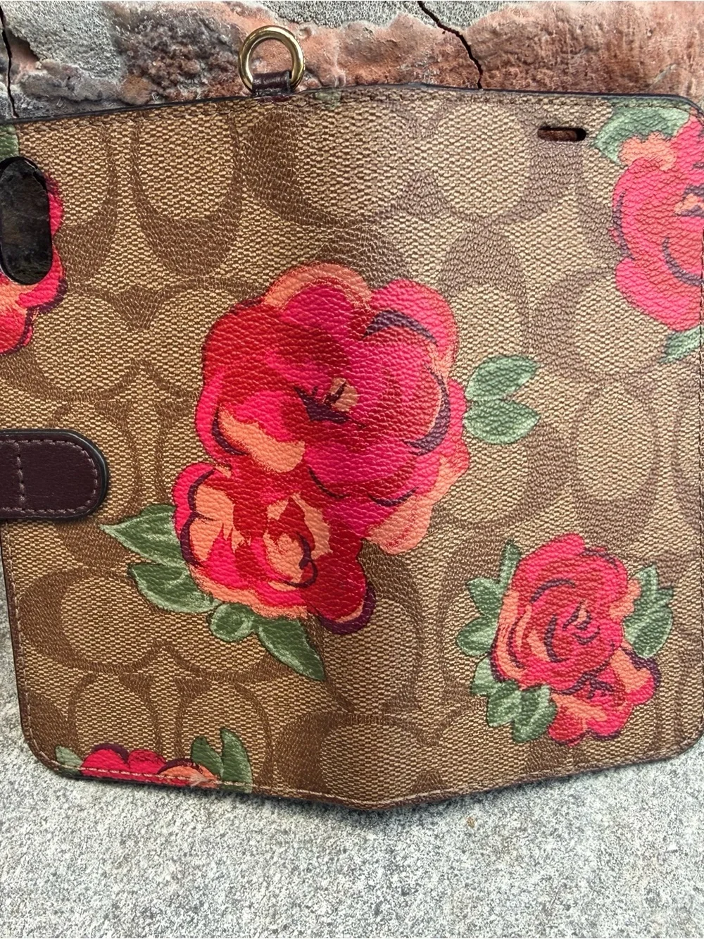 Coach Floral Phone Wallet Case - Brown with Red Rose Print